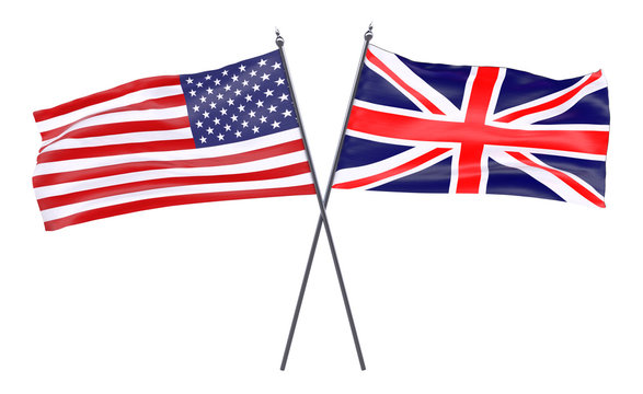 USA and UK, two crossed flags isolated on white background. 3d image