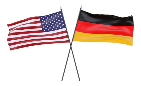 USA and Germany, two crossed flags isolated on white background. 3d image