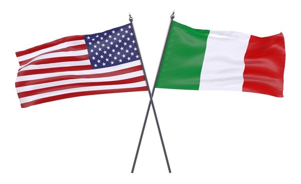 USA and Italy, two crossed flags isolated on white background. 3d image