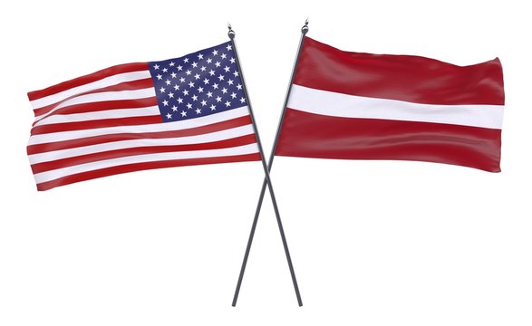 USA and Latvia, two crossed flags isolated on white background. 3d image