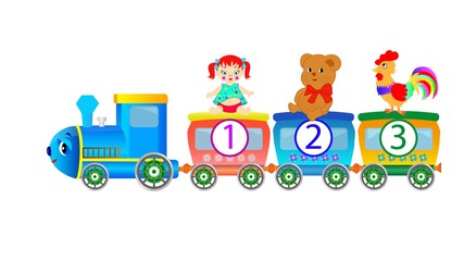 Toys, doll, bear, cock   riding a toy train, vector