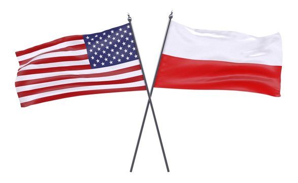 USA and Poland, two crossed flags isolated on white background. 3d image