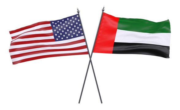USA and UAE, two crossed flags isolated on white background. 3d image