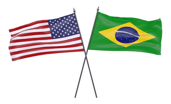 USA and Brazil, two crossed flags isolated on white background. 3d image