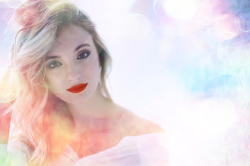 Fototapeta premium girl with summer make-up on blurred white background with pink bokeh / beautiful bright make-up, professional style glamor model