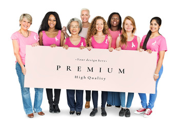 Group of Pepole in Pink Holding Banner Mockup
