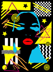 Neon yellow and blue color girl with red lips, pop art abstract background 