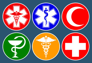 Obraz premium Set of medical international symbols decorated in a circle. Star of life, staff of Asclepius, caduceus, bowl with a snake, medical cross and crescent. Isolated symbols on dark background. Vector