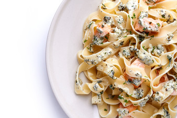 plate of fettuccine with salmon