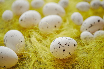 White Easter eggs with freckles placed on the yellow hay.