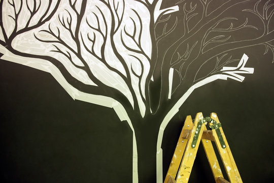 Collage with a tree partially done by the artist