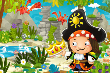 Obraz na płótnie Canvas cartoon scene with pirate and treasure in the jungle - illustration for children