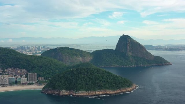 Aerial view of famous Sugarloaf Mountain in city of Rio de Janeiro - landscape panorama of Brazil from above, South America