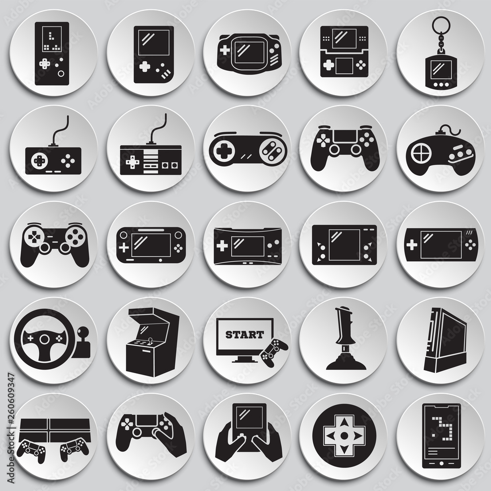 Poster gaming icons set on plates background for graphic and web design. simple vector sign. internet conce