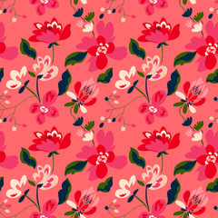 Floral seamless pattern with abstract flowers and leaves. Painted flowers background