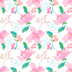 Floral seamless pattern with abstract flowers and leaves. Painted flowers background.