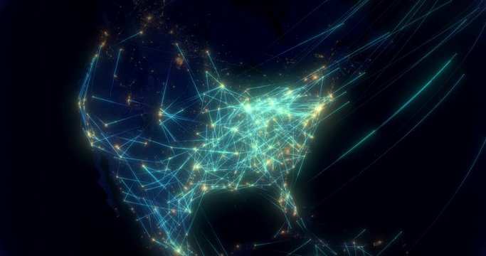 Global Communications Through the Network of Connections From America to Europe. The Concept of the Internet, Social Media, Travelling, Logistics. The High-resolution Texture of City Lights at Night.