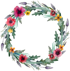 Naklejka premium Poppy wreath. Red flowers and green leaves. Watercolor illustration isolated on white background.