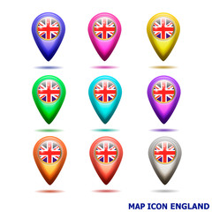 Bright map icon with flag of England. Location Icon illustration.