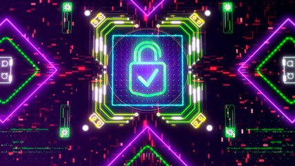 Cyber protection and internet safety concept. Neon padlock symbol 3d hud