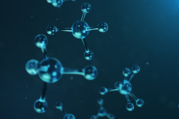 3D illustration molecule structure. Scientific medical background with atoms and molecules. Scientific background for your banner, flyer, template, text. Molecule consists of atoms chemical element