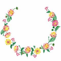 Watercolor colorful round frame from spring pink, yellow and red flowers on a white background. Illustration.