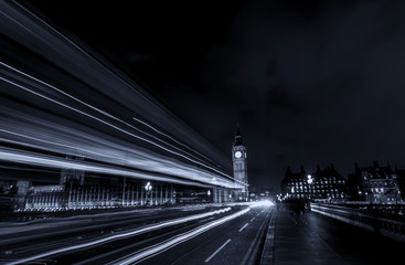 Night traffic on Westminster Bridge, long exposure