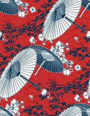 Gordijnen Japanse traditionele vector illustratie sakura paraplu patroon rood © CharlieNati