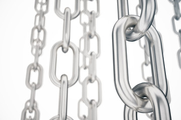 Obraz premium 3D illustration metal chains. Metal, steel chains isolated on white background. Metal chains for industrial. Strong link concept. Background of metal chains for your layout, template design, text.