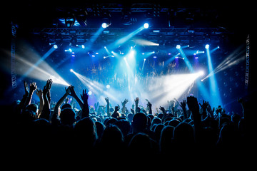 A lot of hands, crowd on concert, blue light.