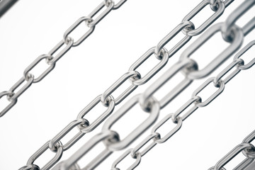 3D illustration metal chains. Metal, steel chains isolated on white background. Metal chains for industrial. Very durable metal chains, the concept of success. Strong link concept