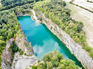 Aerial view of Quarry. Dive site. Famous location for fresh water divers and leisure attraction. Quarry now explored by scuba divers. Flooded quarry, 