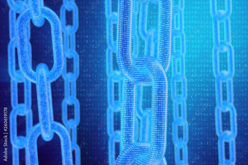 Poster 3d illustration digital blockchain code. chain links network. binary code on the background. concept