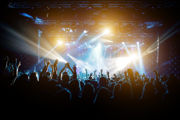 Satisfied people at the concert, colored light from the stage.
