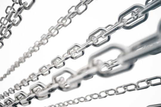 3D illustration metal chains. Metal, steel chains isolated on white background. Metal chains for industrial. Very durable metal chains, the concept of success. Strong link concept