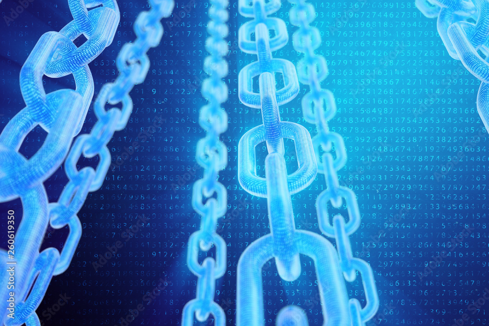 Poster 3d illustration digital blockchain code. chain links network. binary code on the background. concept