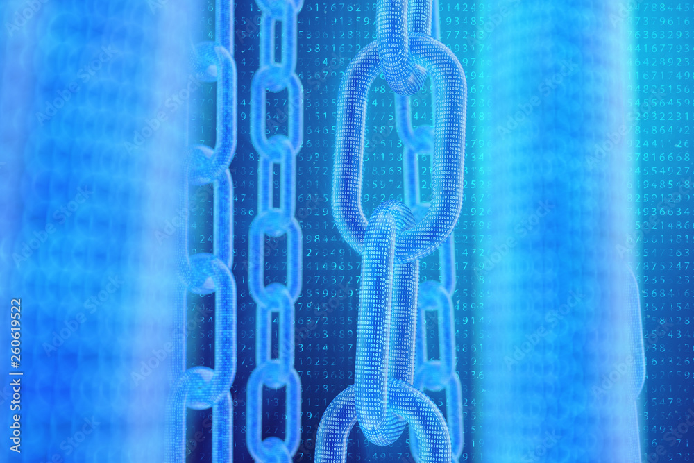 Poster 3d illustration digital blockchain code. chain links network. binary code on the background. concept