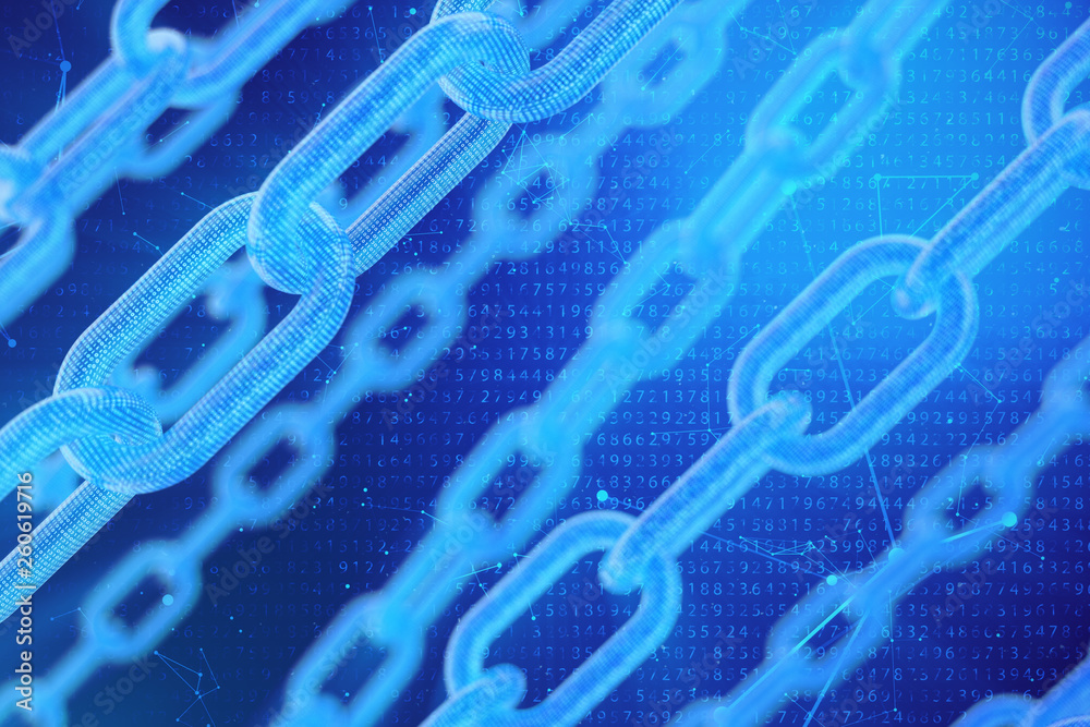 Poster 3d illustration digital blockchain code. chain links network. binary code on the background. concept