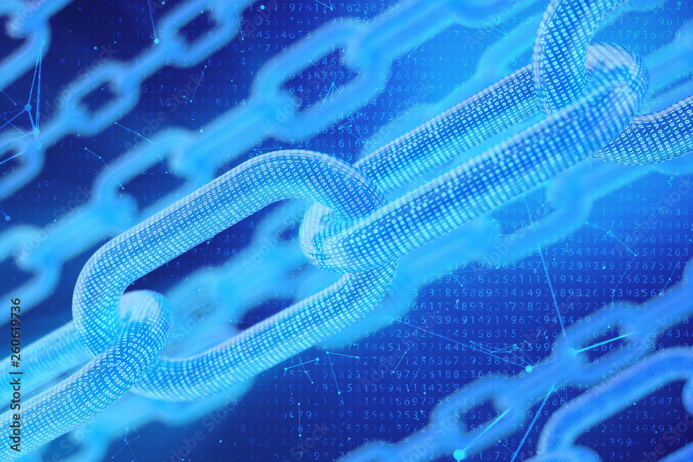 Poster 3d illustration digital blockchain code. chain links network. binary code on the background. concept