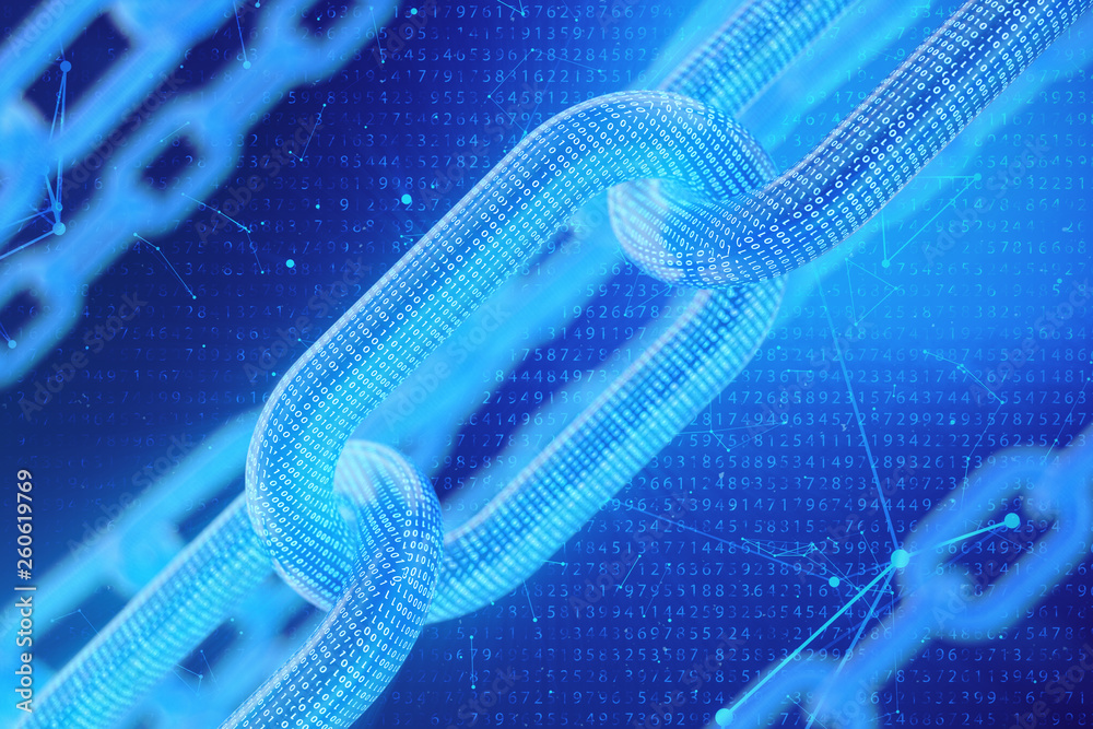 Poster 3d illustration digital blockchain code. chain links network. binary code on the background. concept