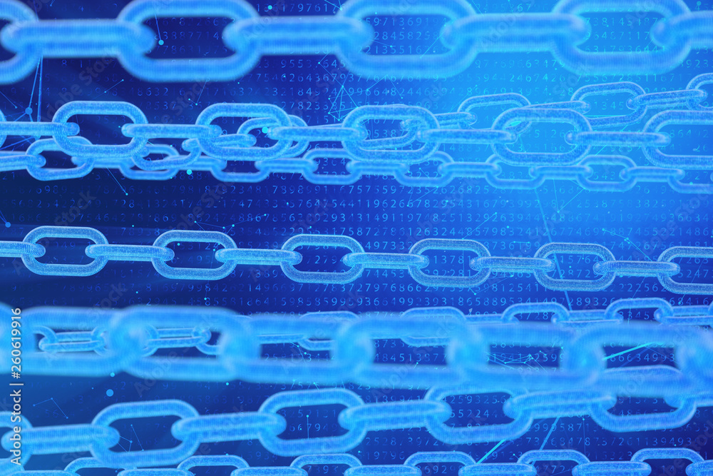 Poster 3d illustration digital blockchain code. chain links network. binary code on the background. concept