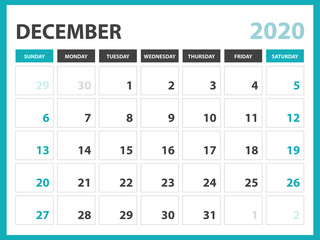 Desk calendar layout  Size 8 x 6 inch, December 2020 Calendar template, planner design, week starts on sunday, stationery design, vector Eps10