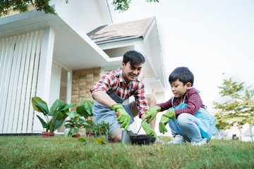 happy asian daddy and son gardening at his house garden together planting new tree