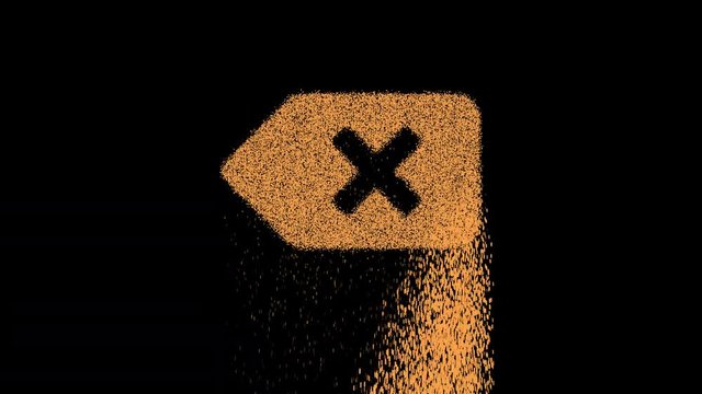 Symbol backspace appears from crumbling sand. Then crumbles down. Alpha channel Premultiplied - Matted with color black
