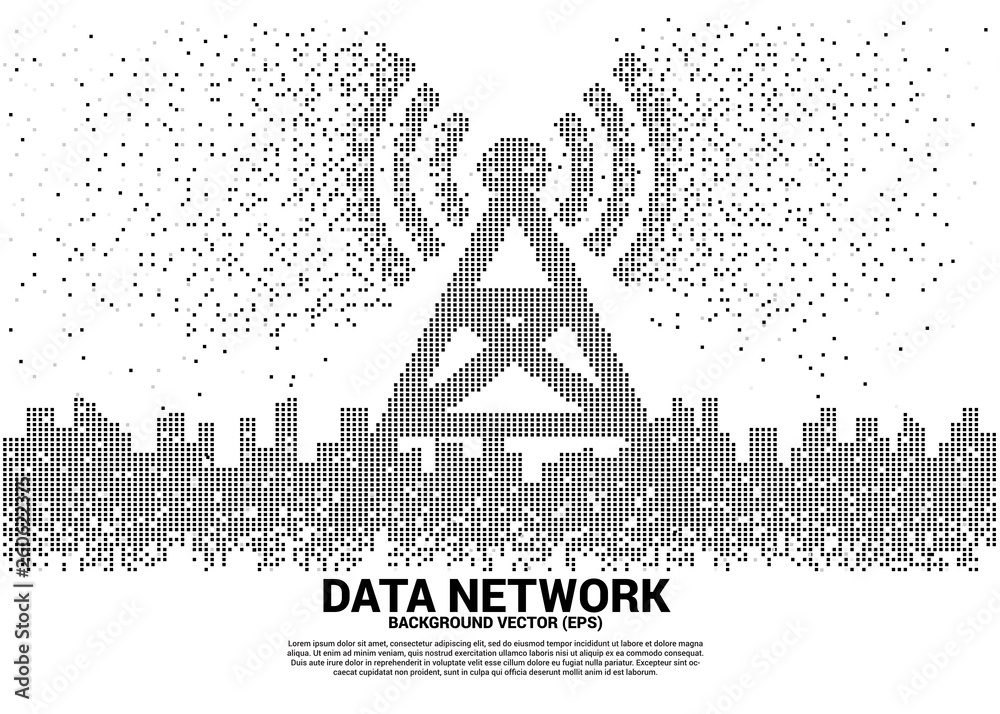 Poster Vector antenna tower icon in the city pixel transform style. Concept for data transfer of mobile and wi-fi data network.