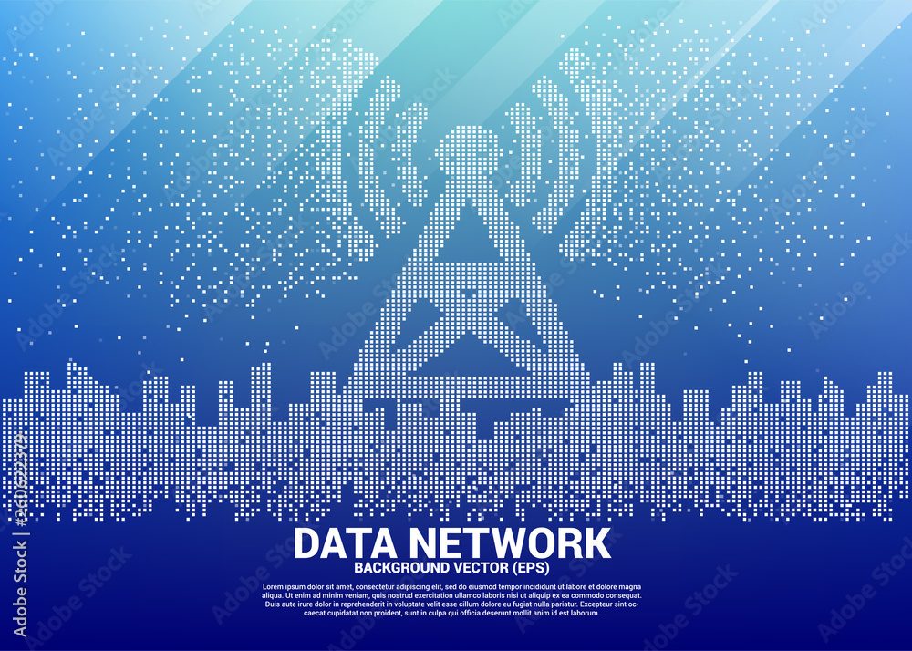 Aufkleber Vector antenna tower icon in the city pixel transform style. Concept for data transfer of mobile and wi-fi data network.