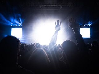 A crowd of people raising their arms up during a concert. They are enjoying the music