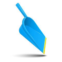 Blue plastic dustpan, scoop with yellow stripe. Tool for cleaning garbage, restoring order in house. Isolated on white background. Eps10 vector illustration.