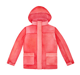 Bright red hooded jacket watercolour illustration. Long sleeves, standing collar, square pockets. One single object, front view. Handdrawn water color sketchy drawing, cutout clip art design element. © Julija