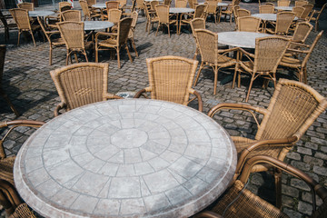 View of empty outdoor cafe in Bad Bentheim, Germany, with cozy decorations
